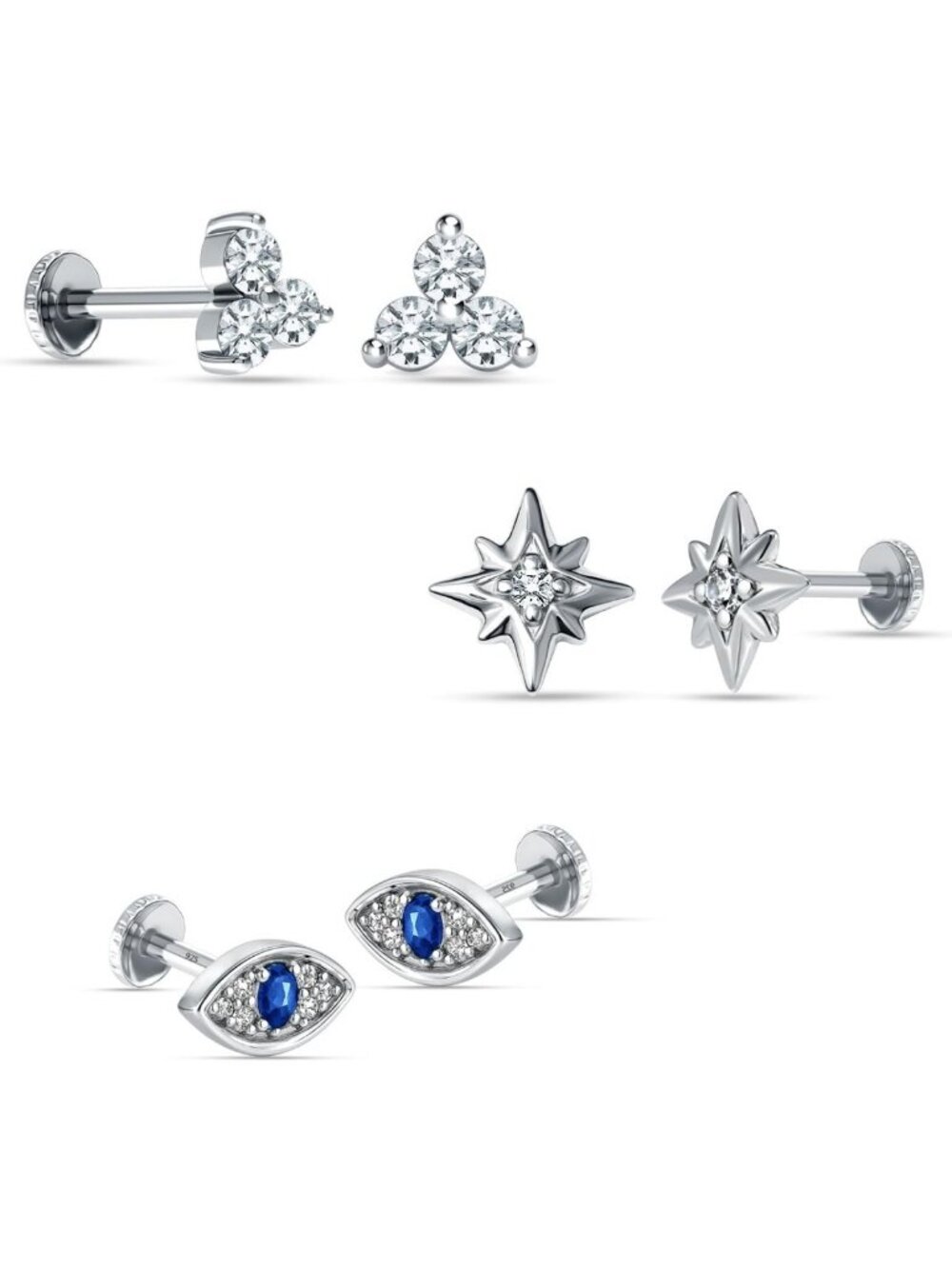 925 Sterling Silver Cubic Zirconia Flat Back Stud Earrings for Women - Elegant